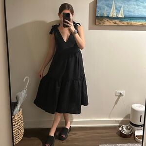 Black V-Neck Tiered Midi Dress